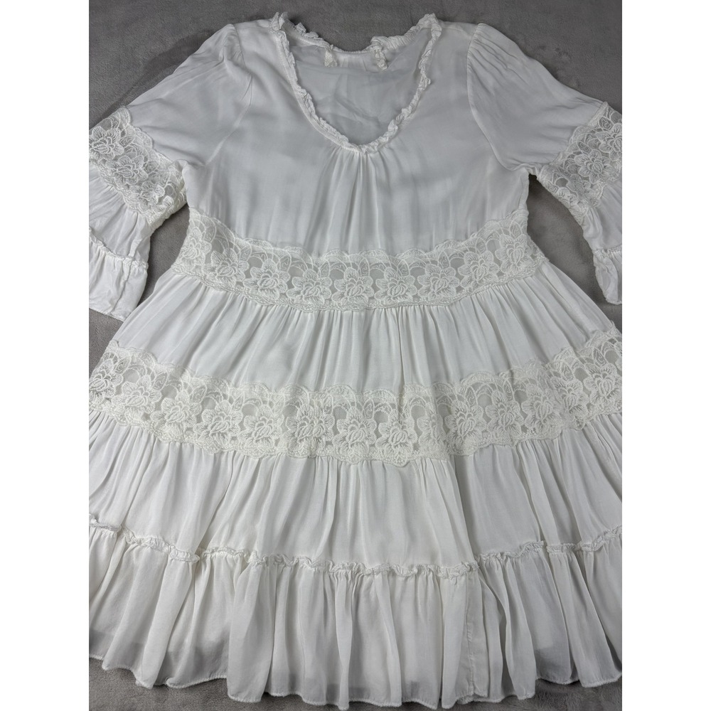 Boho White Lace Tiered Mini Dress V-Neck Bell Sleeve Ruffle Summer Sun Dress - Picture 3 of 6